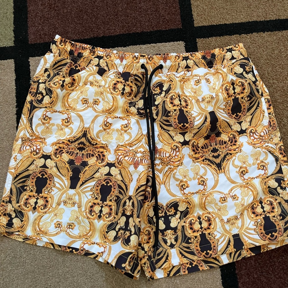 Fashion Nova Gold and Black Swim Trunks